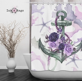 Green and Purple Anchor Rose Coral Starfish Nautical Shower Curtains and Optional Bath Mats Lighting,Lamps Fixtures