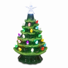 Green Ceramic Light Up Christmas Tree, 7.5" Decorative Mirror,Home Decor Mirror