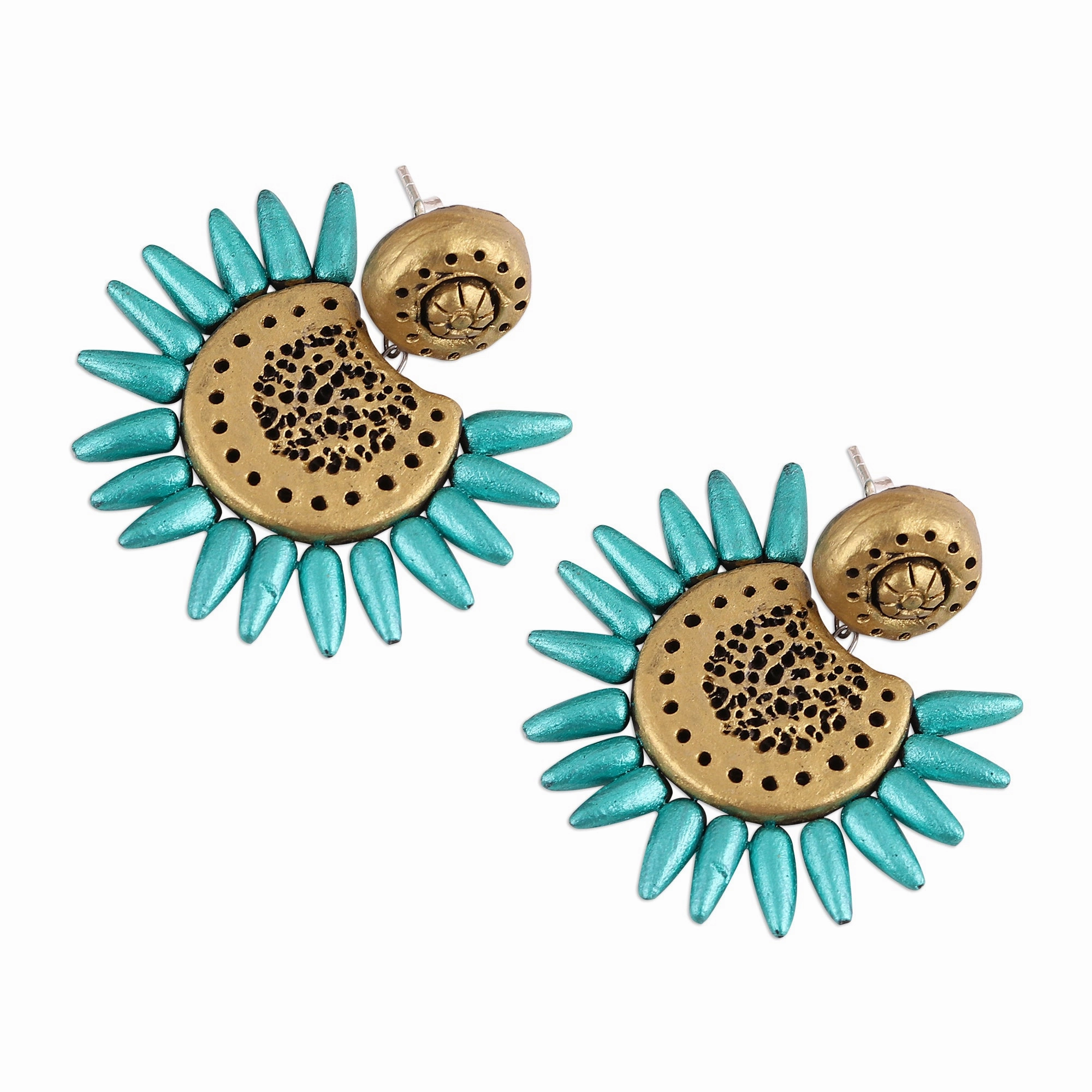 Green Coronas Corona Motif Ceramic Dangle Earrings Crafted in India