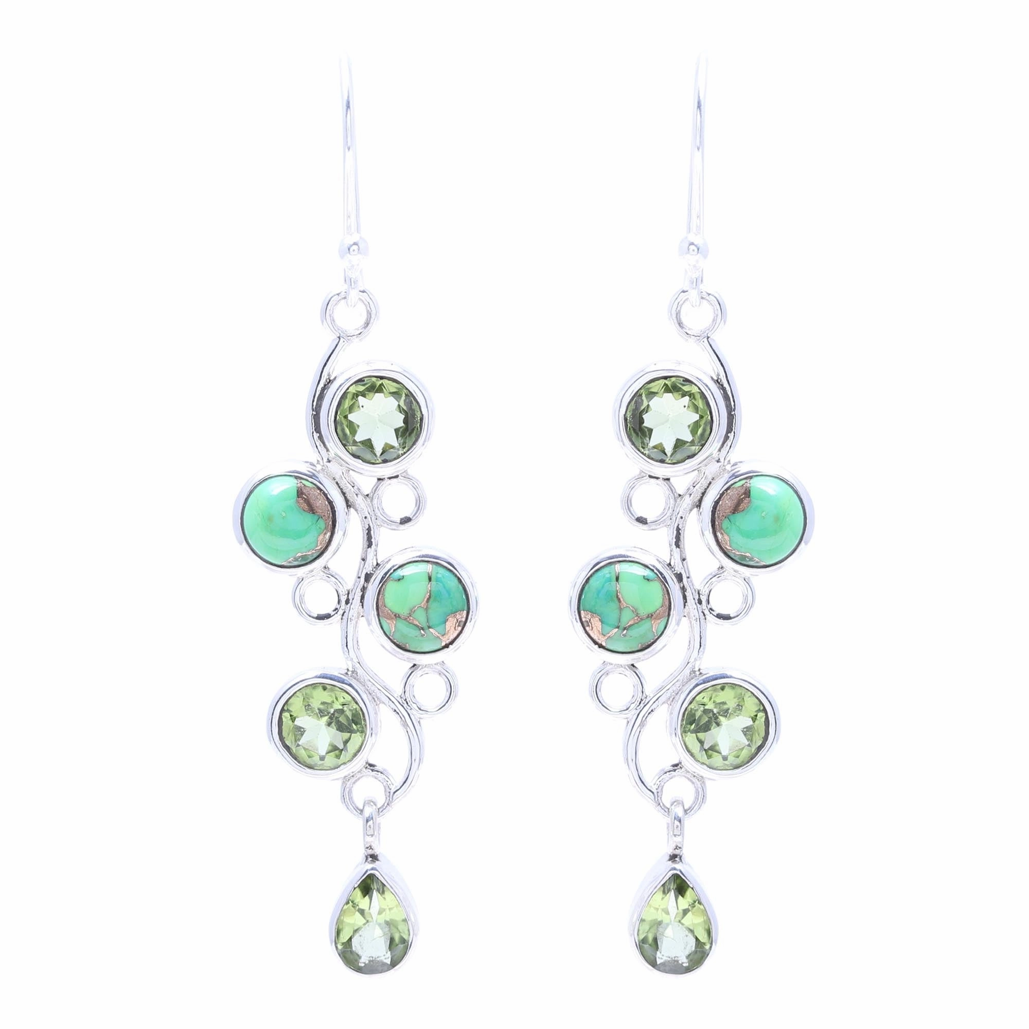 Green Sheen Peridot and Composite Turquoise Dangle Earrings from India