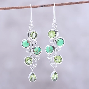Green Sheen Peridot and Composite Turquoise Dangle Earrings from India