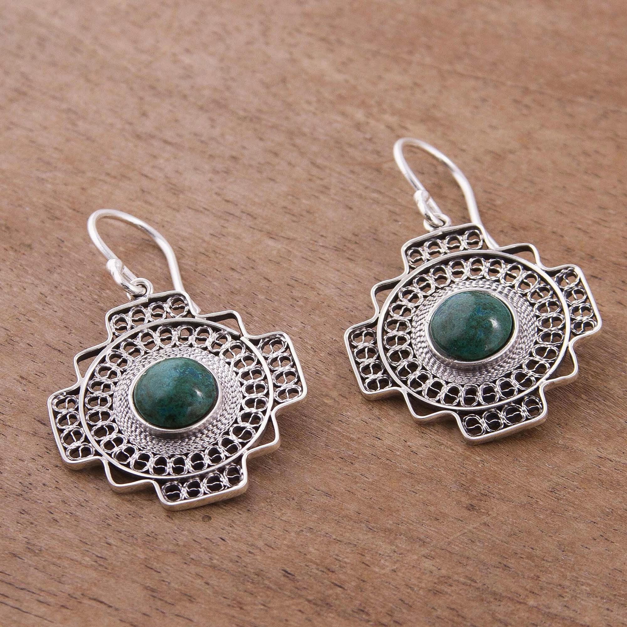 Green Valley Chakana Chrysocolla Chakana Cross Filigree Dangle Earrings from Peru