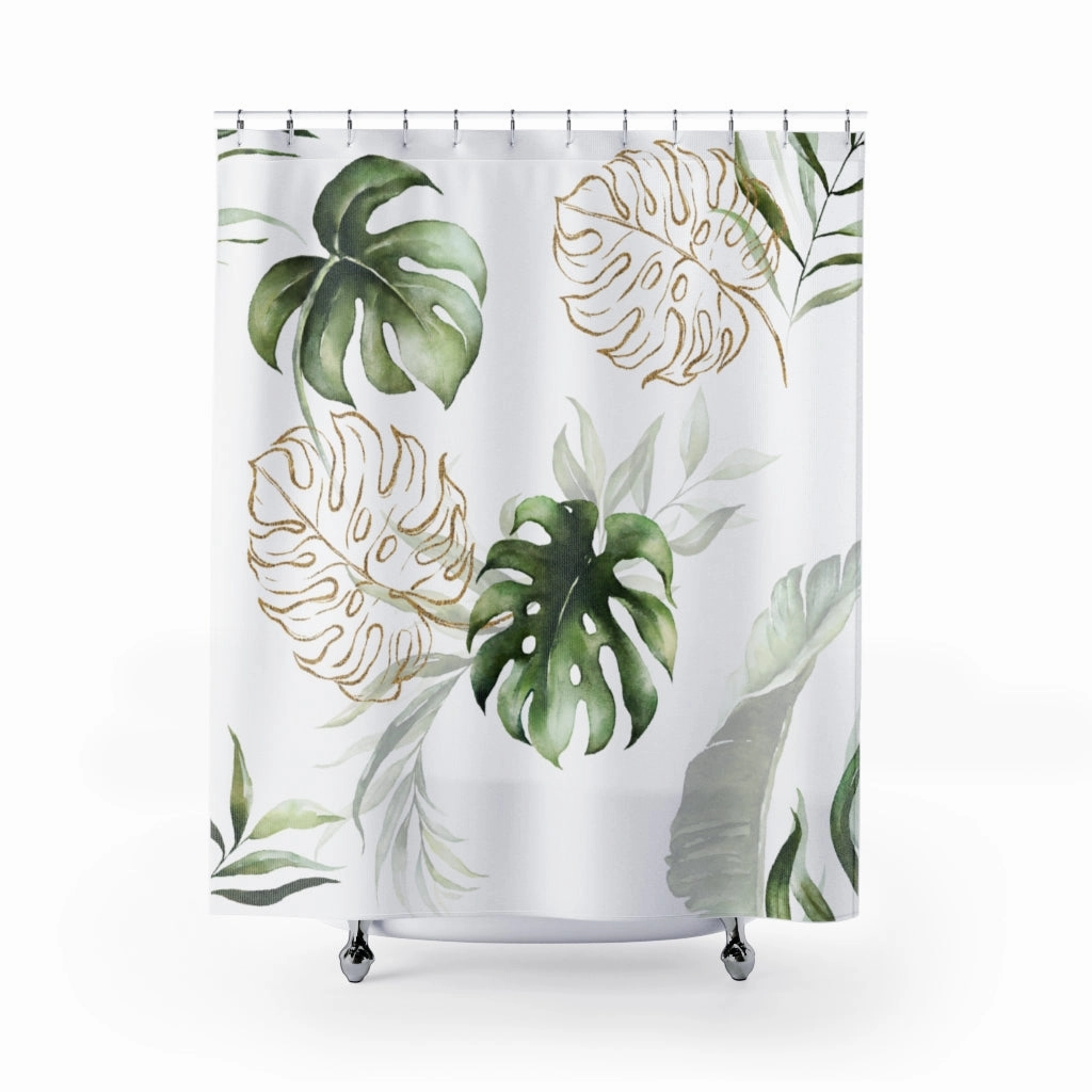 Green White Gold, Monstera Leaves Shower Curtain Lighting,Home Lighting
