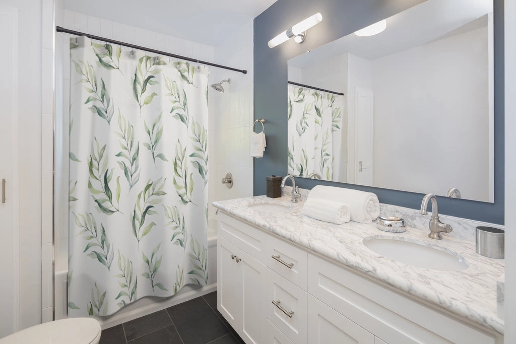 Green White, Palm Leaves, Botanical shower curtain