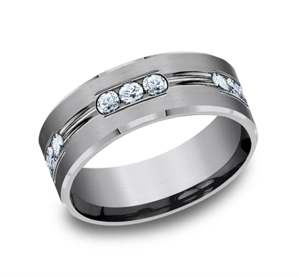 Grey Tantalum 8mm Beveled Wedding Band With Diamonds