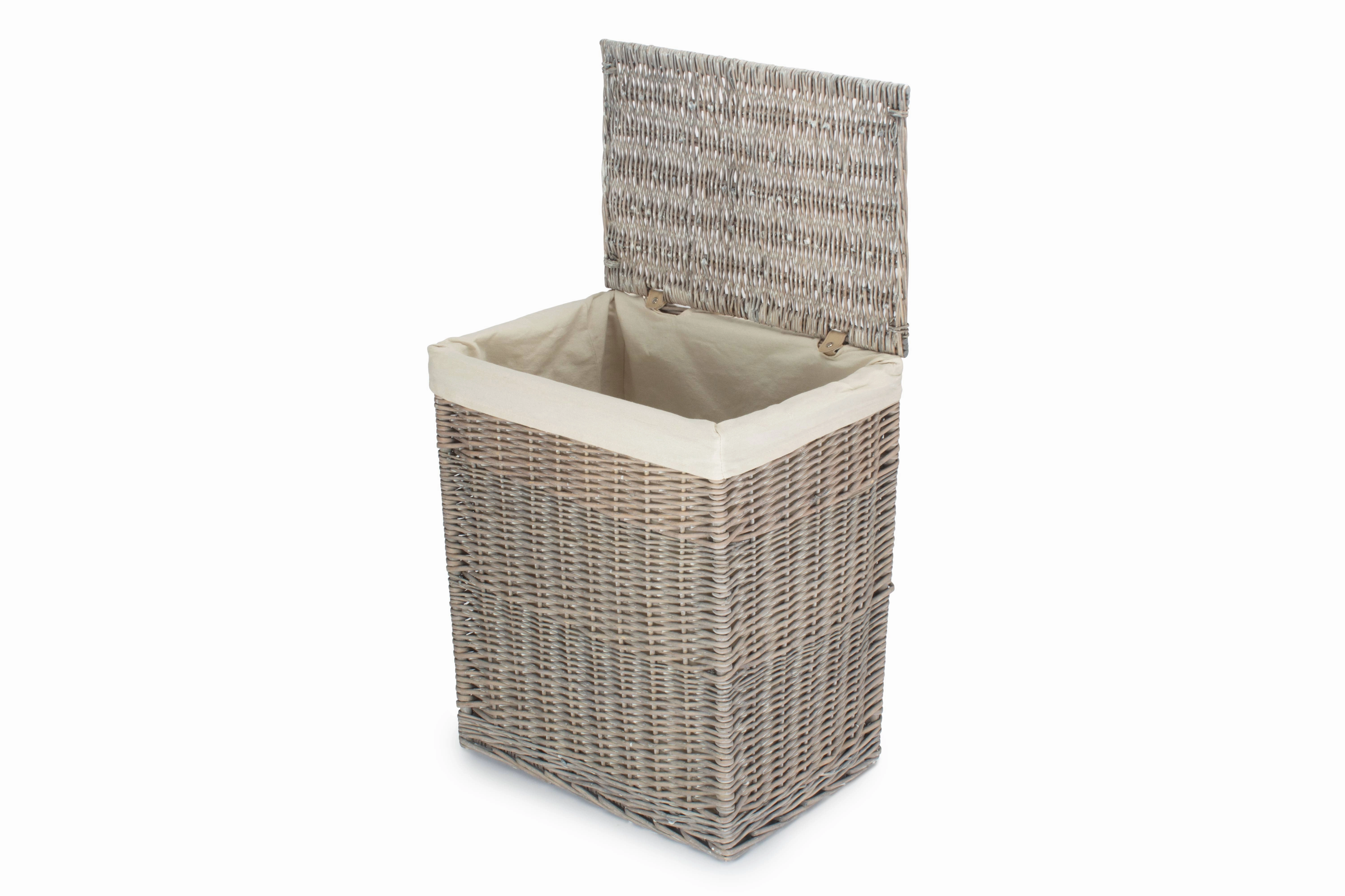 Grey Wash Willow Slim Laundry Hamper Basket with White Lining