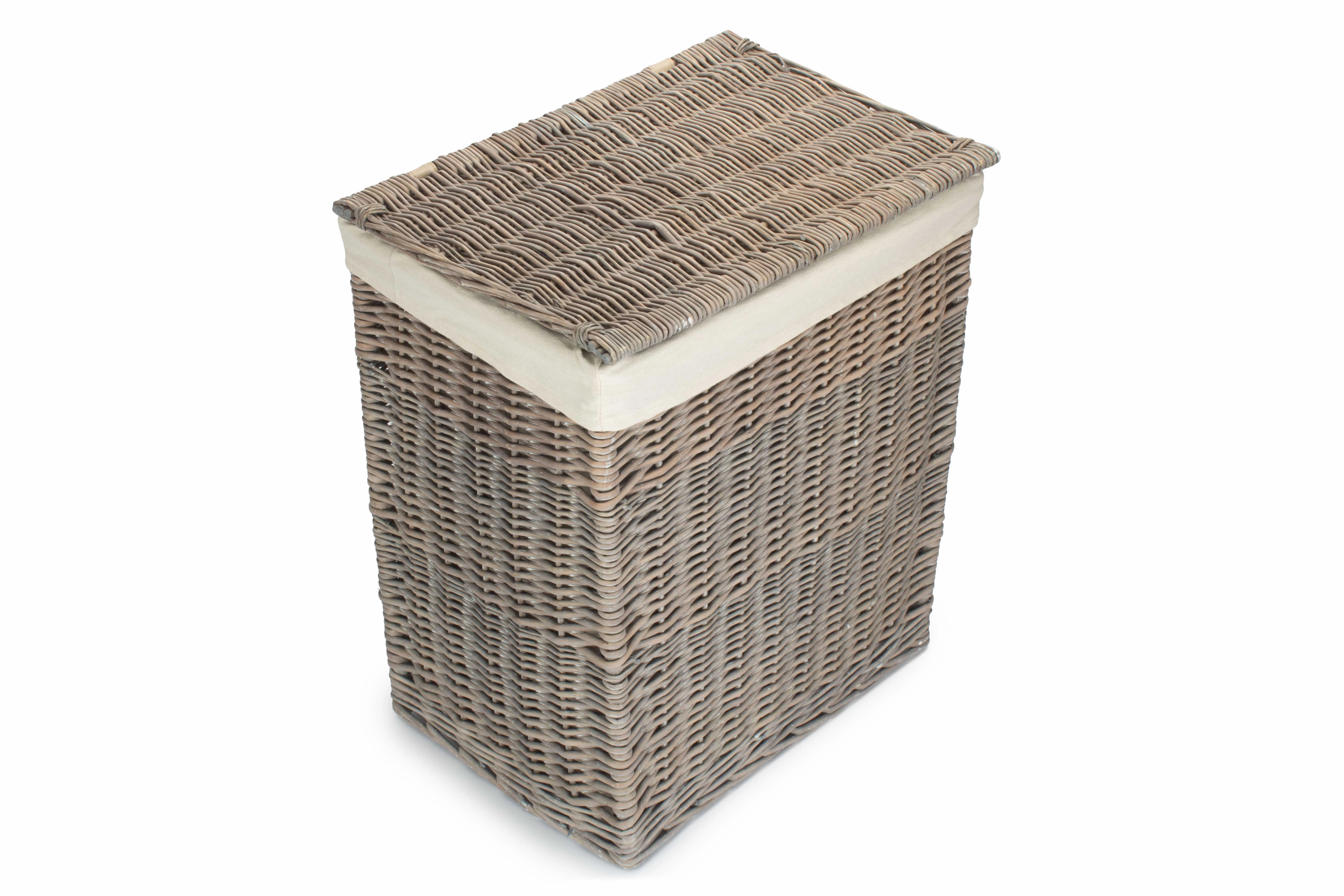 Grey Wash Willow Slim Laundry Hamper Basket with White Lining
