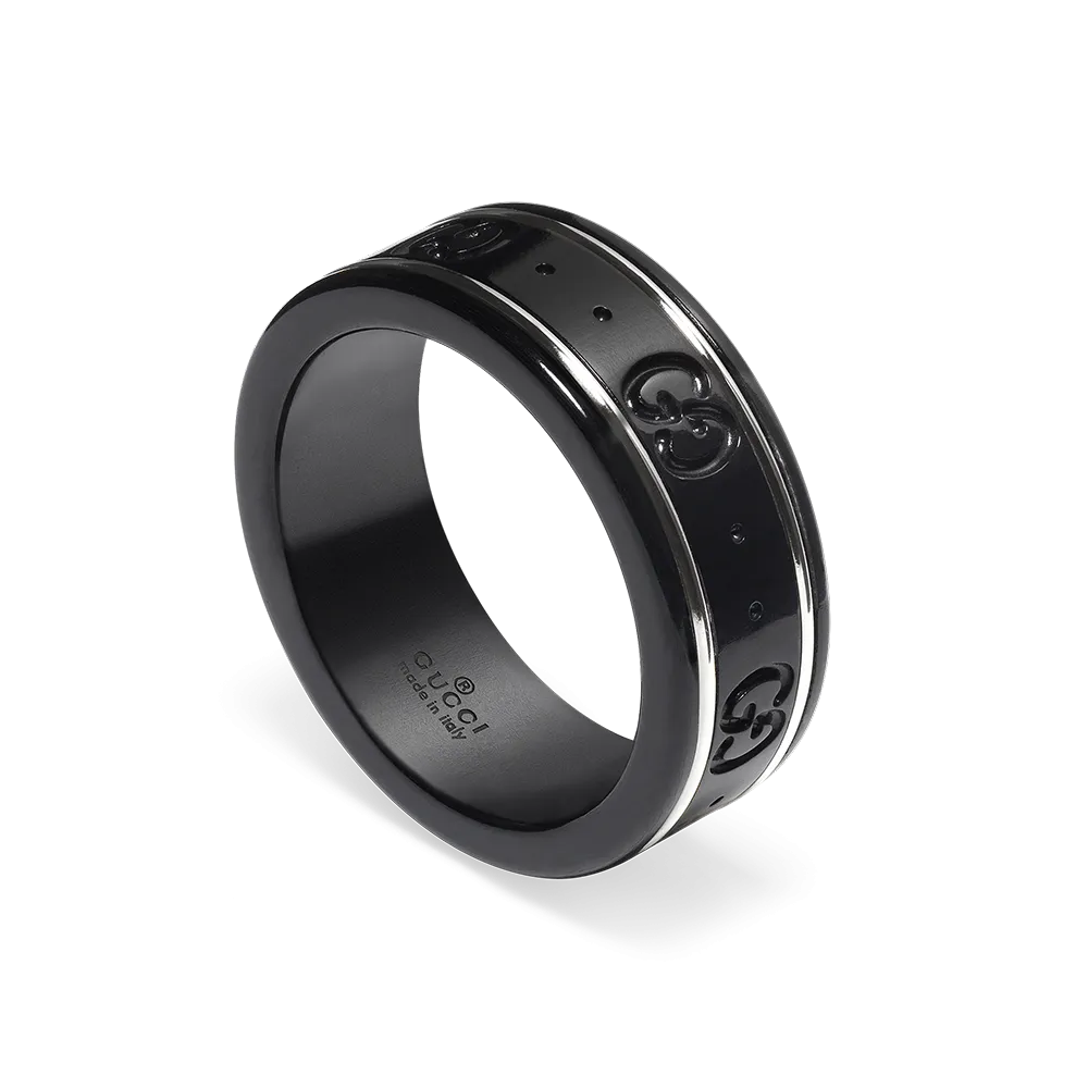 Gucci Icon 18ct White Gold & Black Corundum Thin Ring Size 13