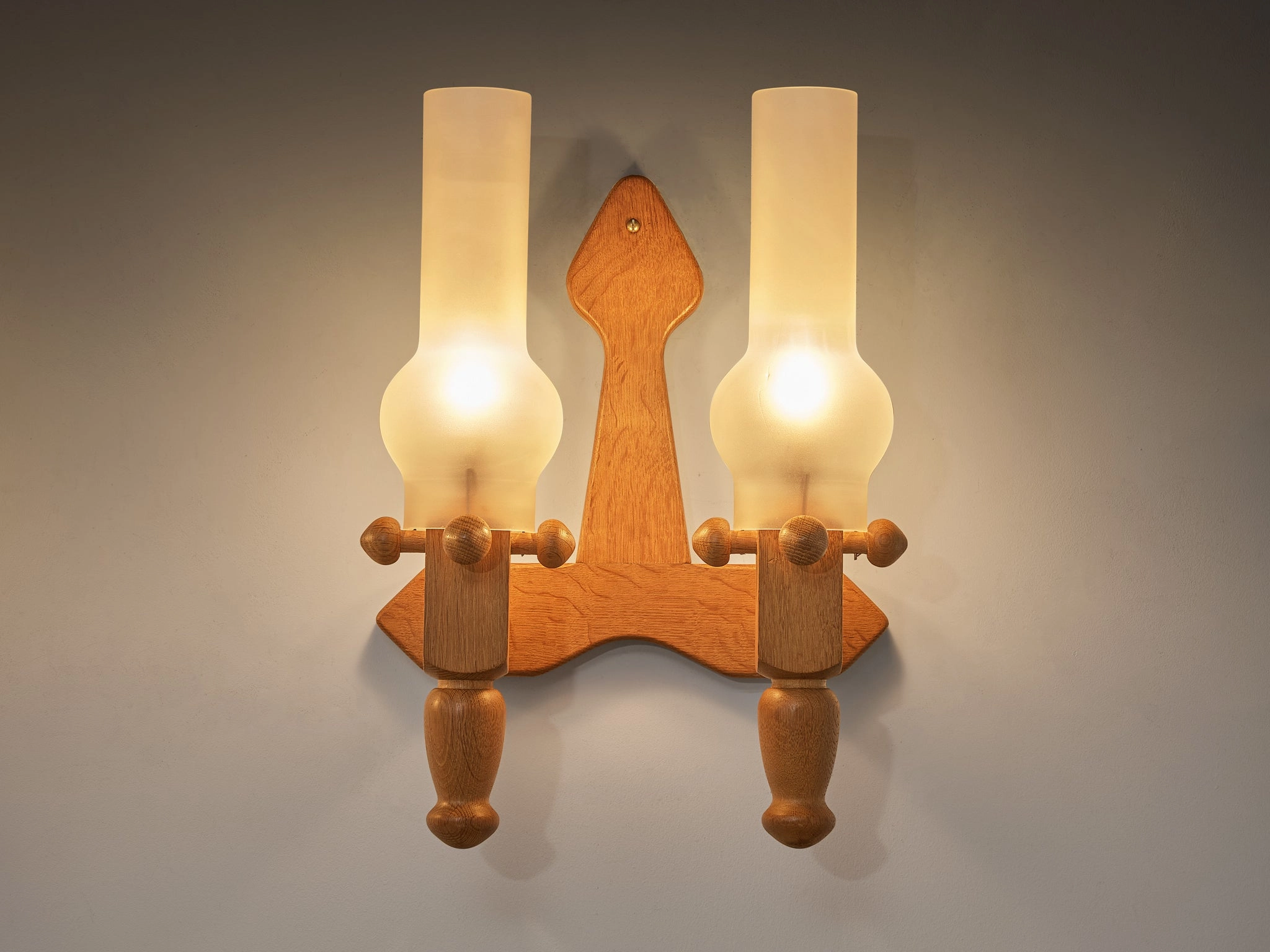 Guillerme & Chambron Pair of Wall Lights in Oak and Glass