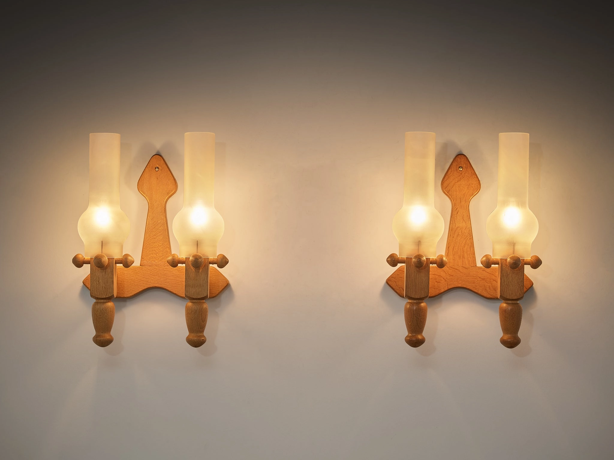 Guillerme & Chambron Pair of Wall Lights in Oak and Glass