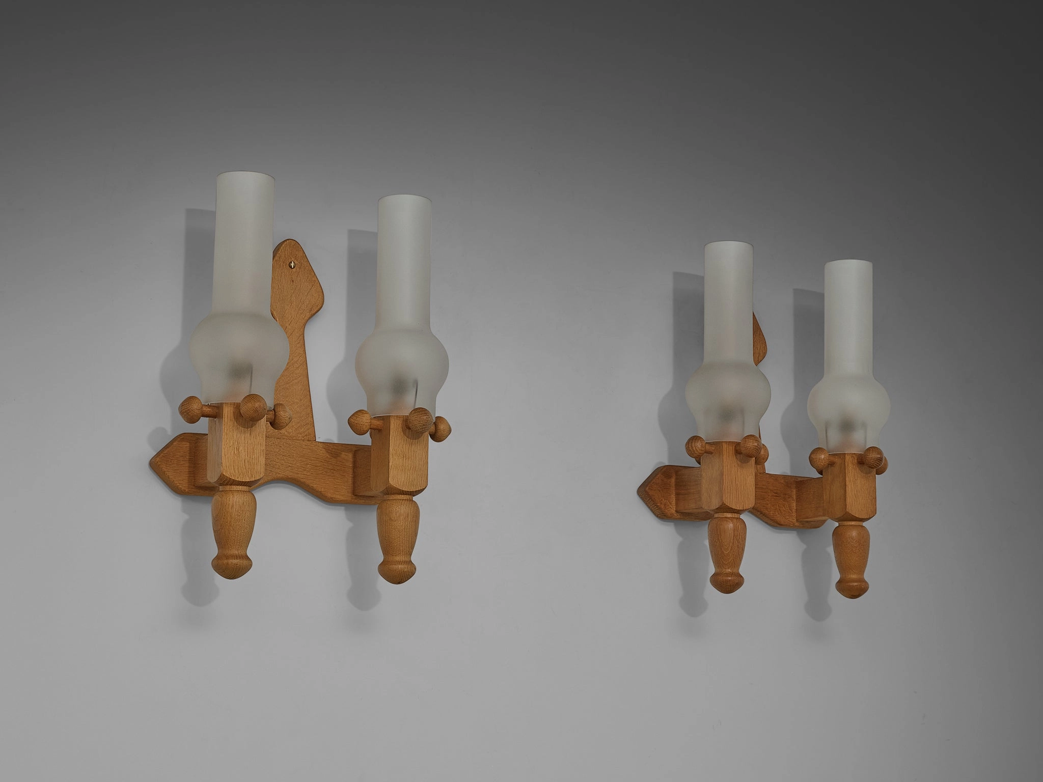 Guillerme & Chambron Pair of Wall Lights in Oak and Glass