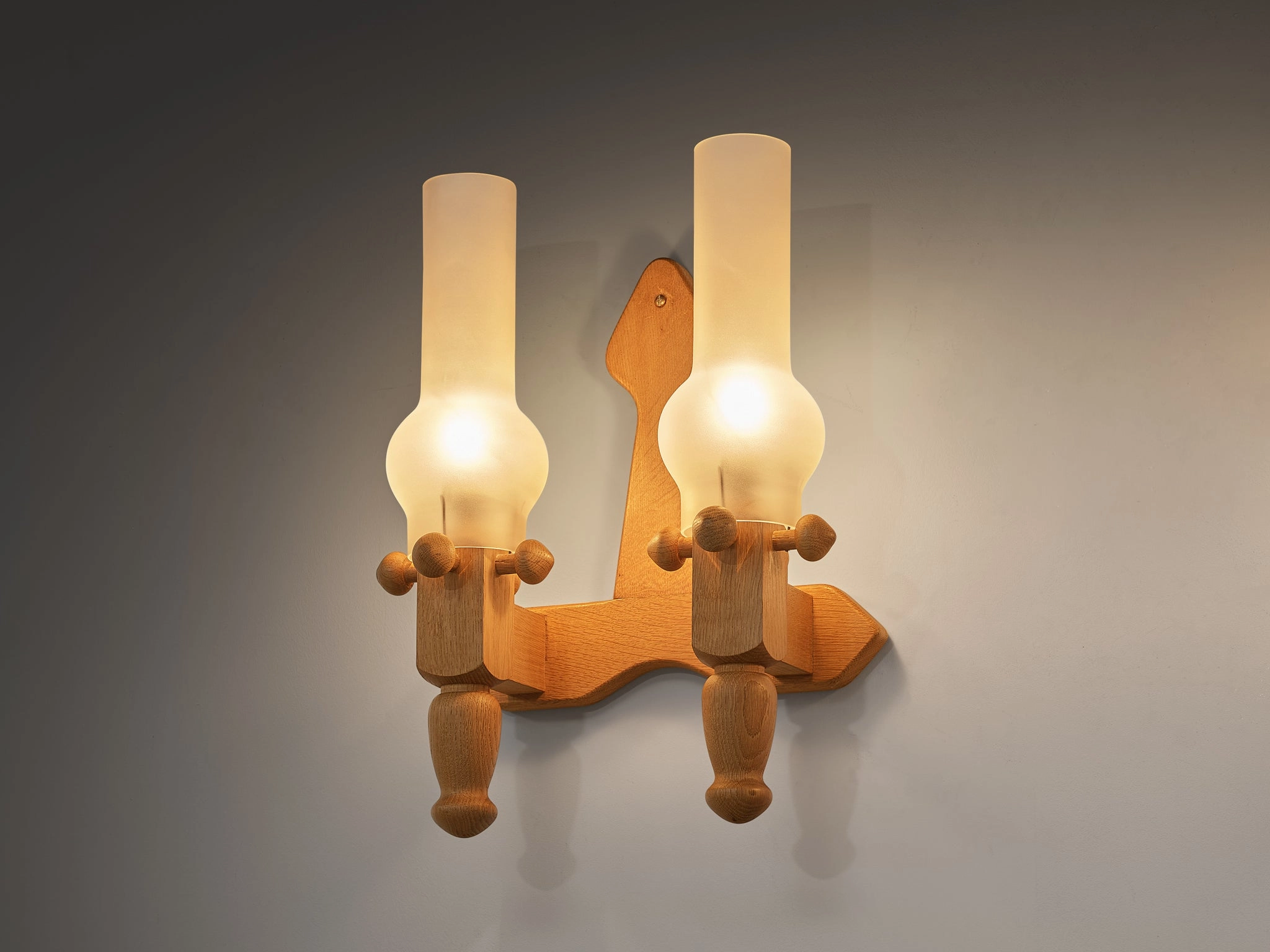 Guillerme & Chambron Pair of Wall Lights in Oak and Glass