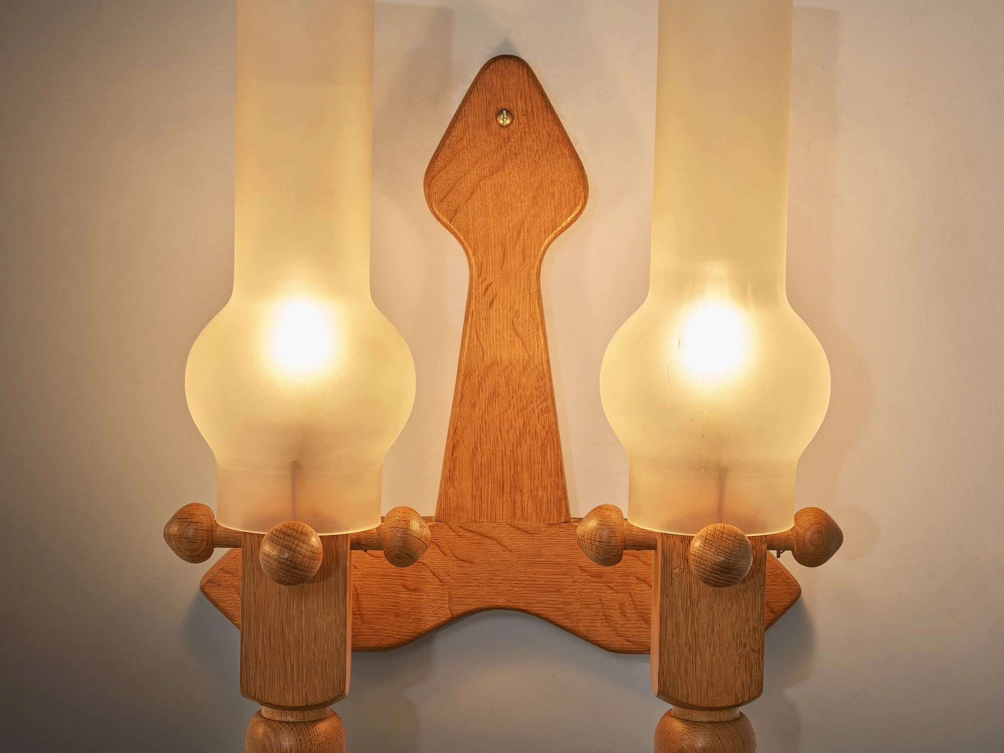 Guillerme & Chambron Pair of Wall Lights in Oak and Glass