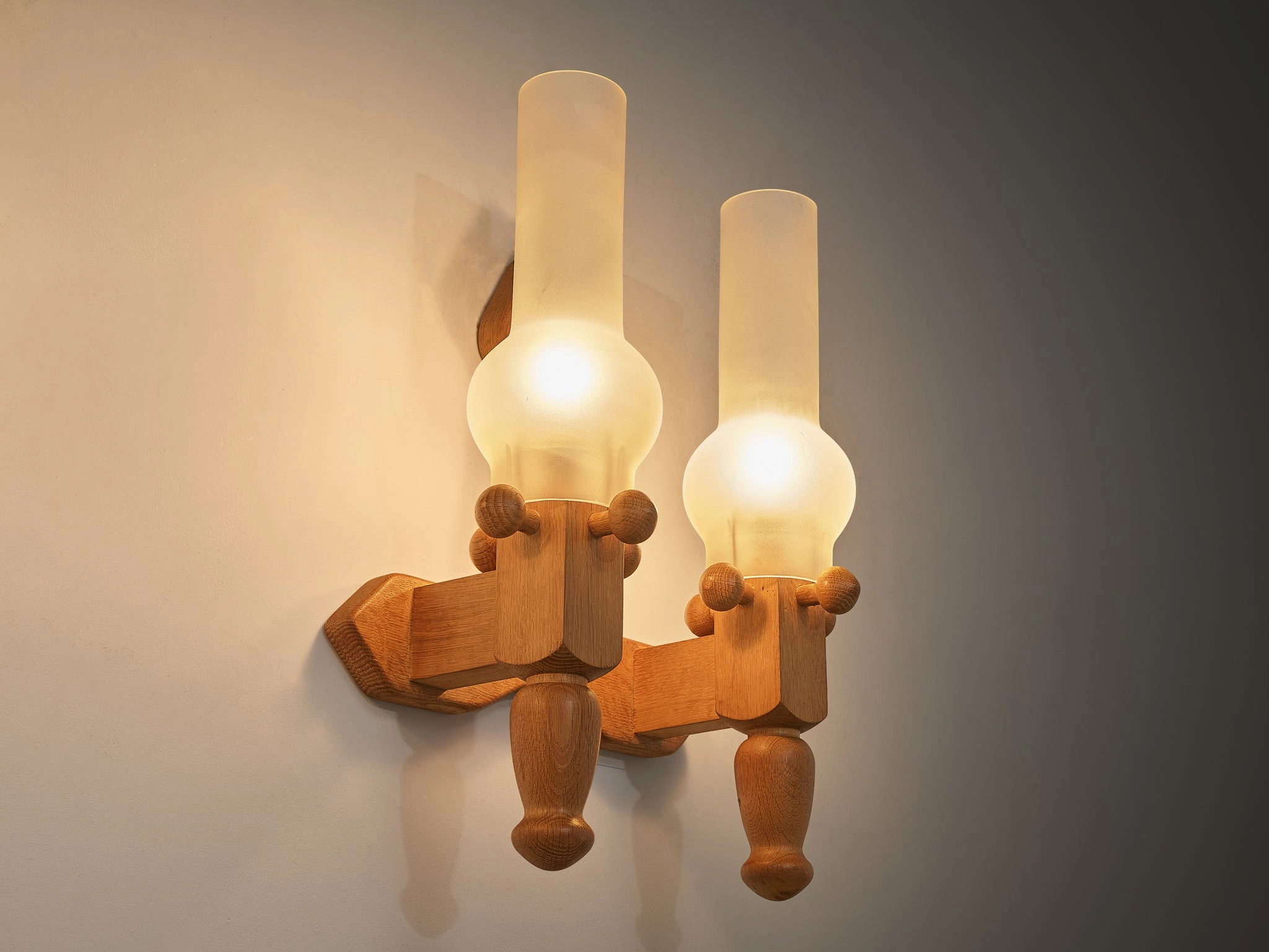Guillerme & Chambron Pair of Wall Lights in Oak and Glass