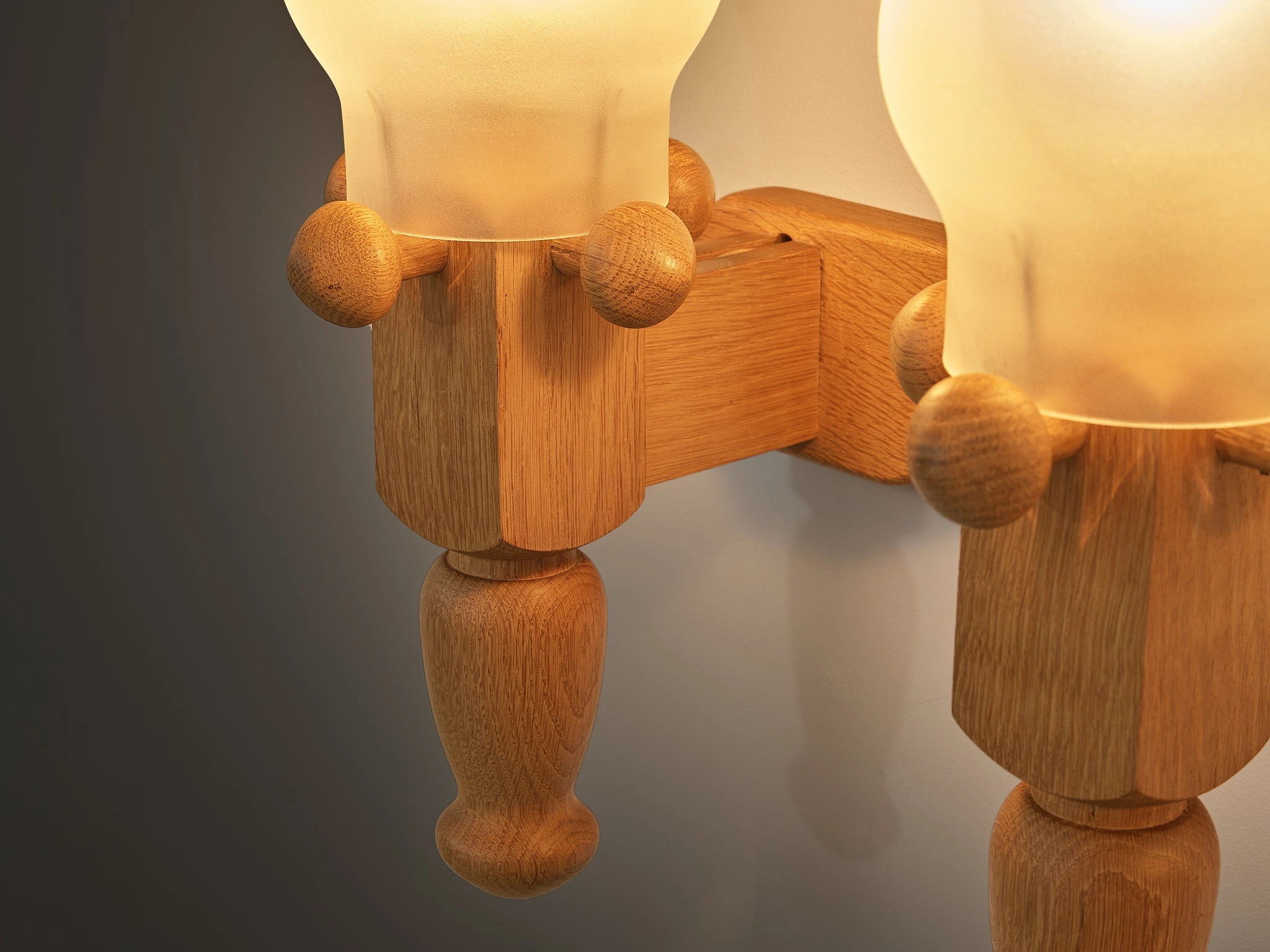 Guillerme & Chambron Pair of Wall Lights in Oak and Glass