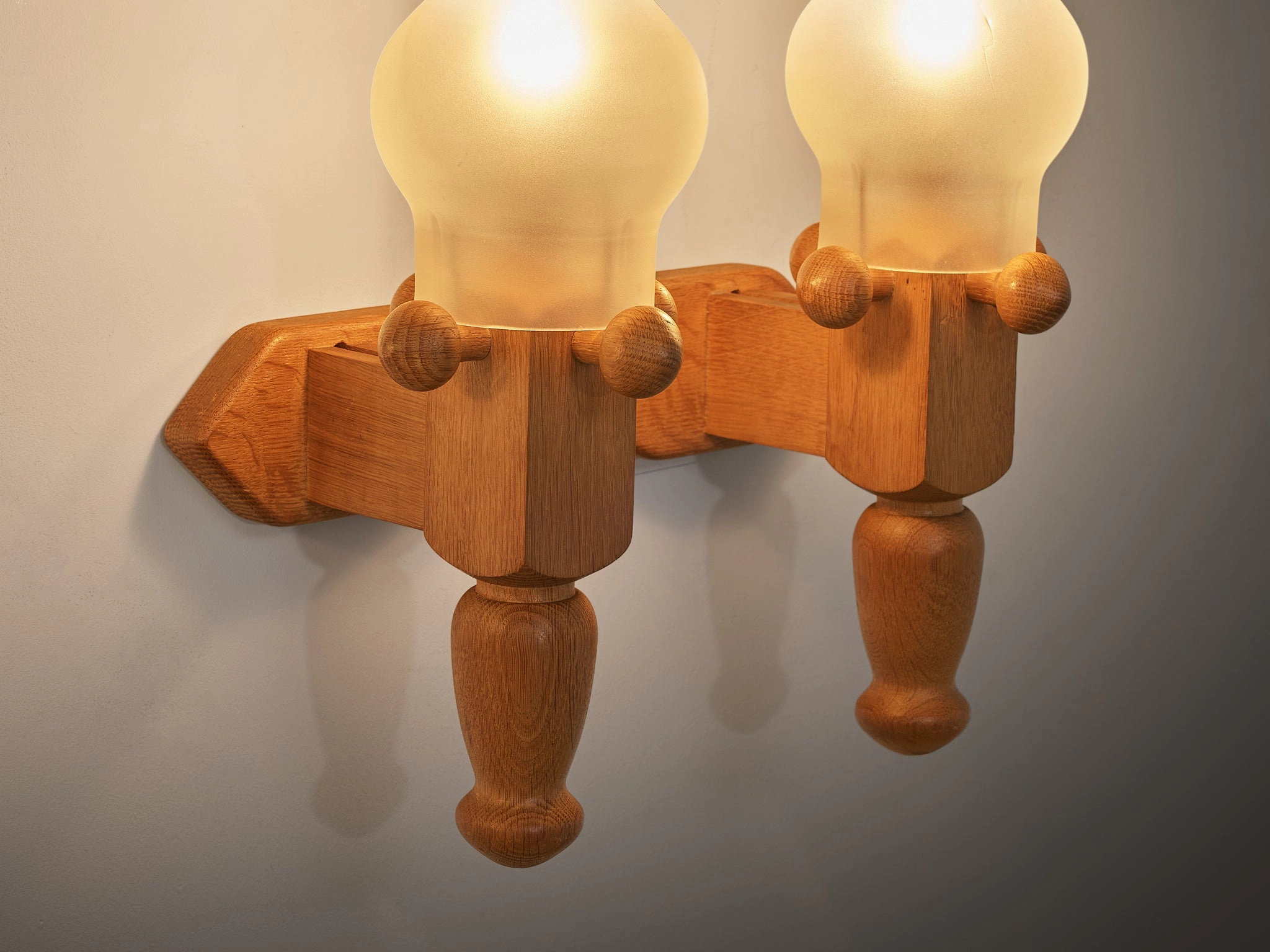 Guillerme & Chambron Pair of Wall Lights in Oak and Glass