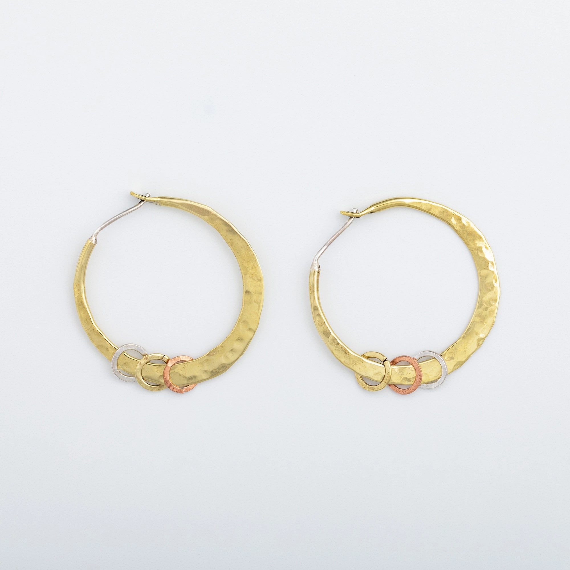 Hammered Sterling, Brass & Copper Hoop Earrings