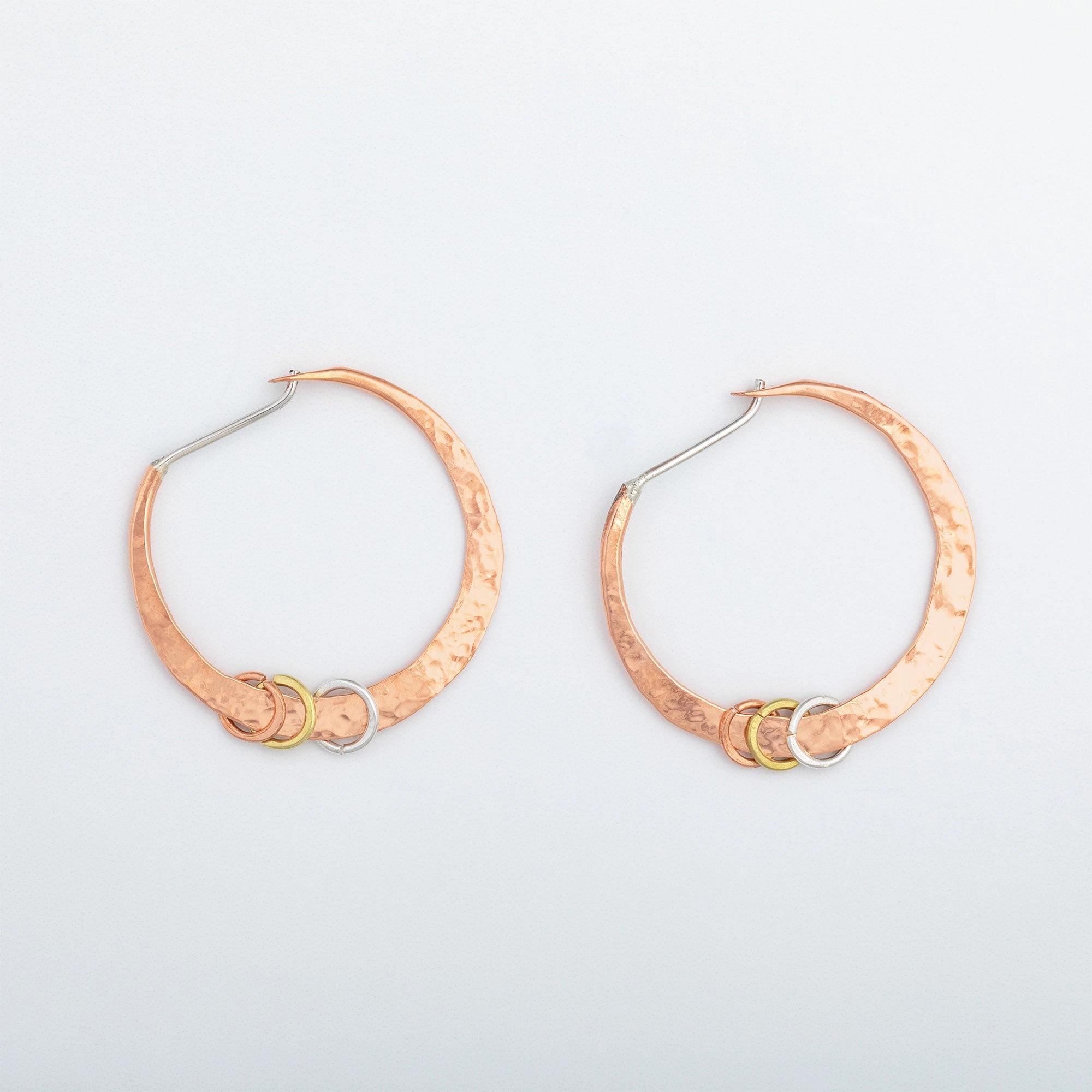 Hammered Sterling, Brass & Copper Hoop Earrings