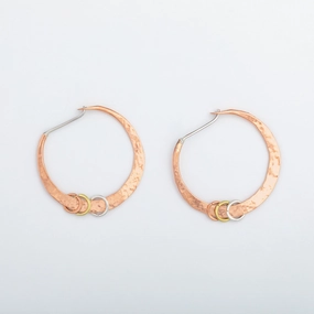Hammered Sterling, Brass & Copper Hoop Earrings