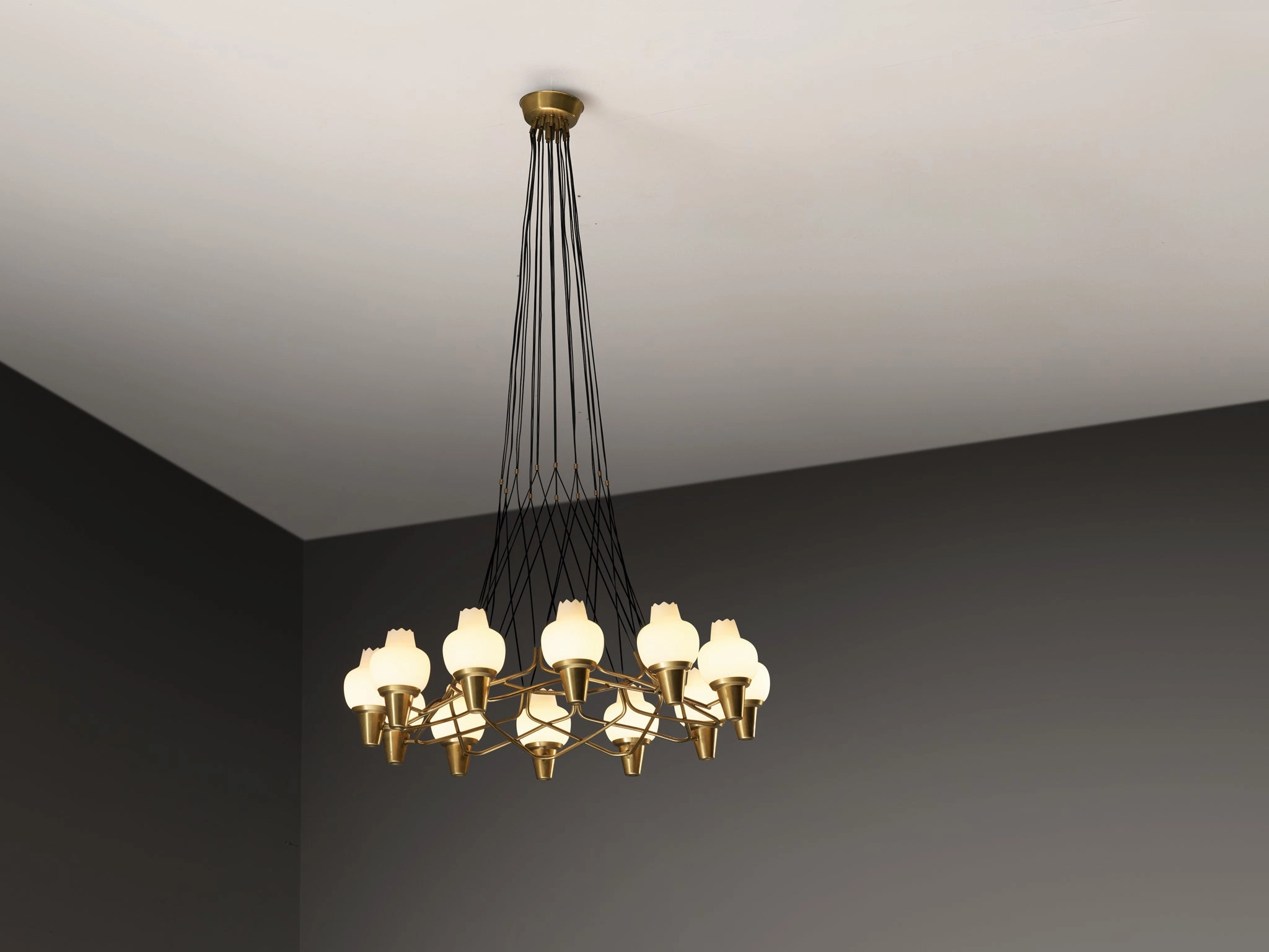Hans Bergstrm for Atelj Lyktan Chandelier in Brass and Frosted White Glass
