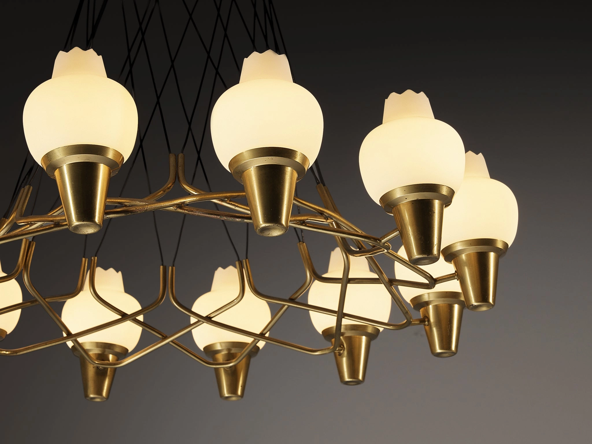 Hans Bergstrm for Atelj Lyktan Chandelier in Brass and Frosted White Glass