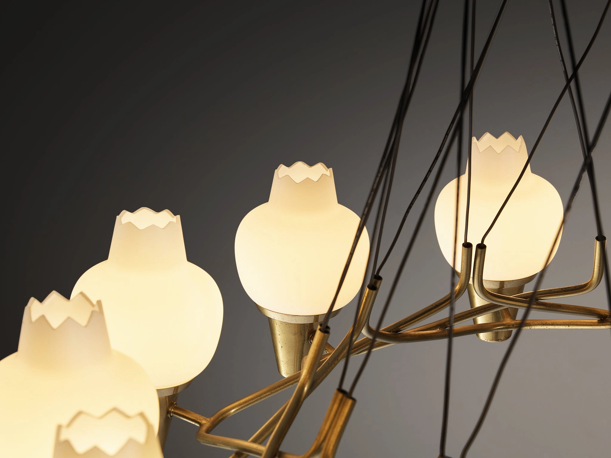 Hans Bergstrm for Atelj Lyktan Chandelier in Brass and Frosted White Glass