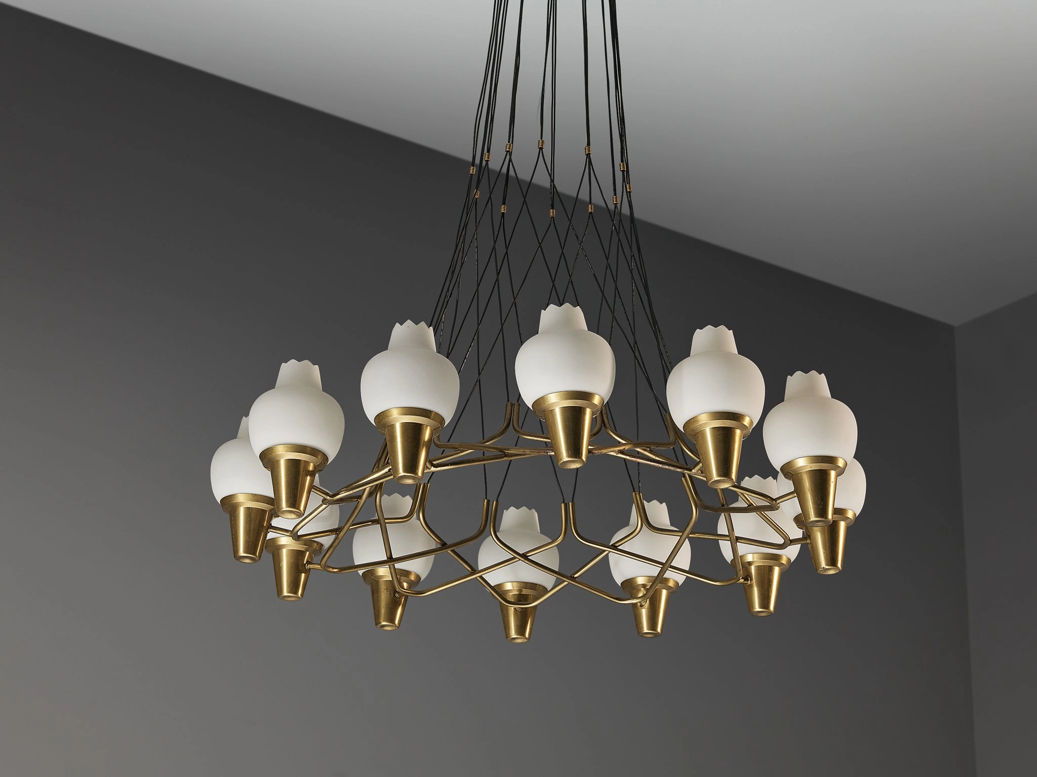 Hans Bergstrm for Atelj Lyktan Chandelier in Brass and Frosted White Glass