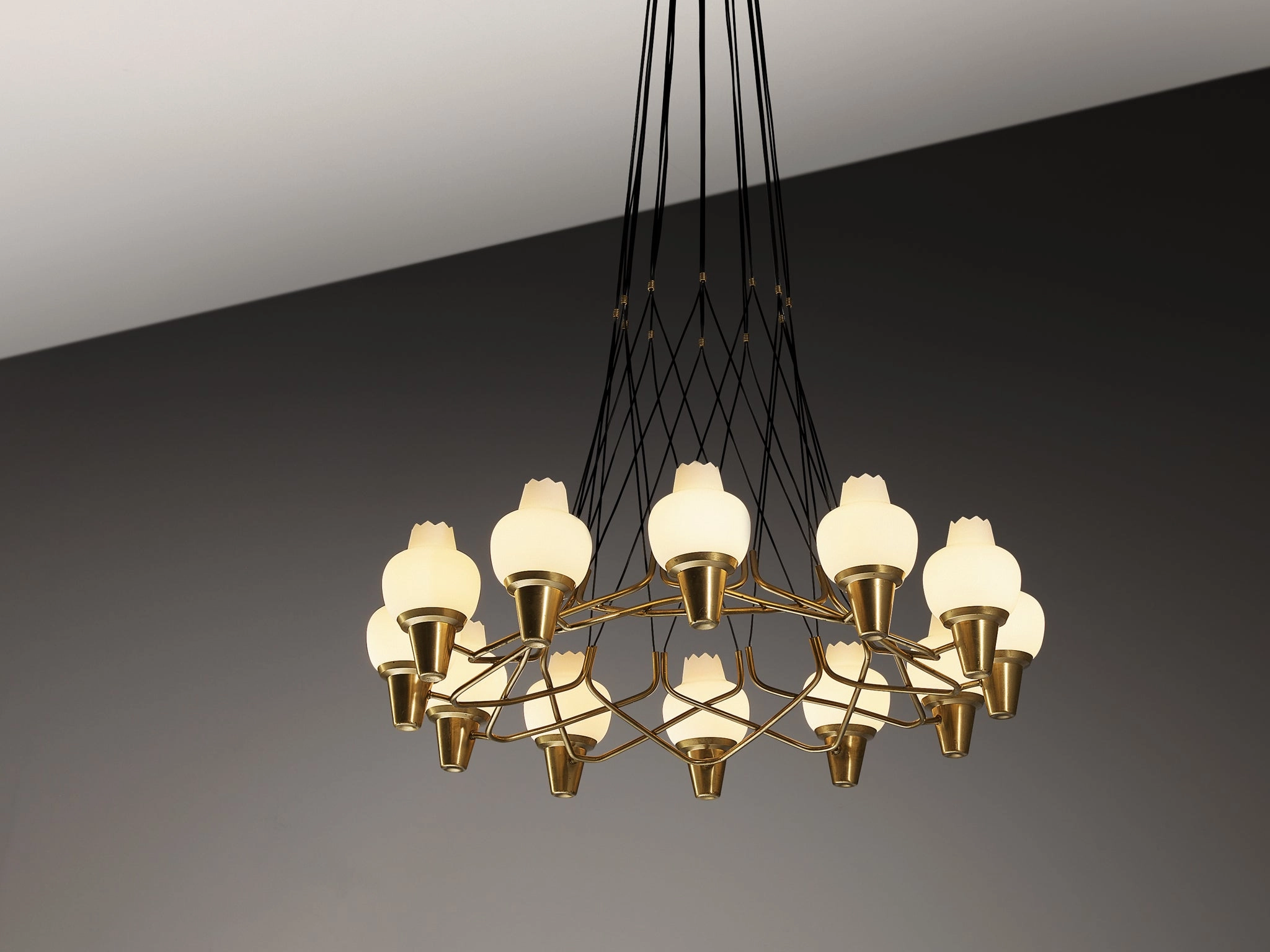 Hans Bergstrm for Atelj Lyktan Chandelier in Brass and Frosted White Glass