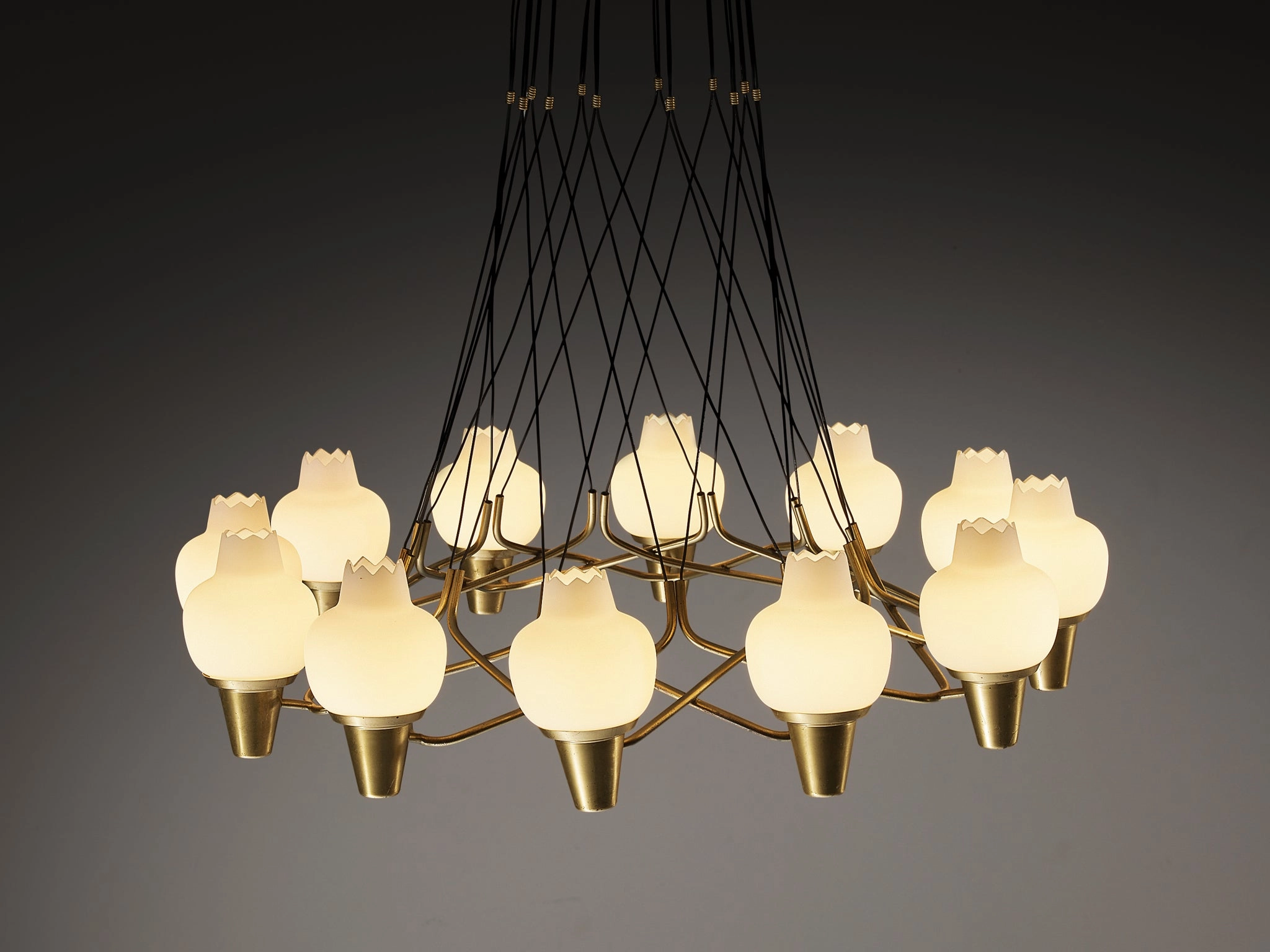 Hans Bergstrm for Atelj Lyktan Chandelier in Brass and Frosted White Glass