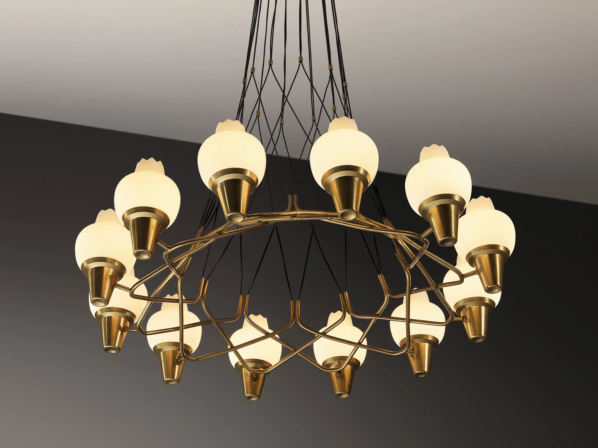 Hans Bergstrm for Atelj Lyktan Chandelier in Brass and Frosted White Glass