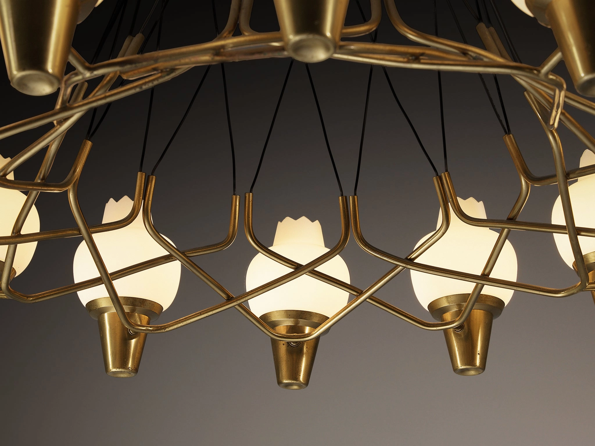 Hans Bergstrm for Atelj Lyktan Chandelier in Brass and Frosted White Glass