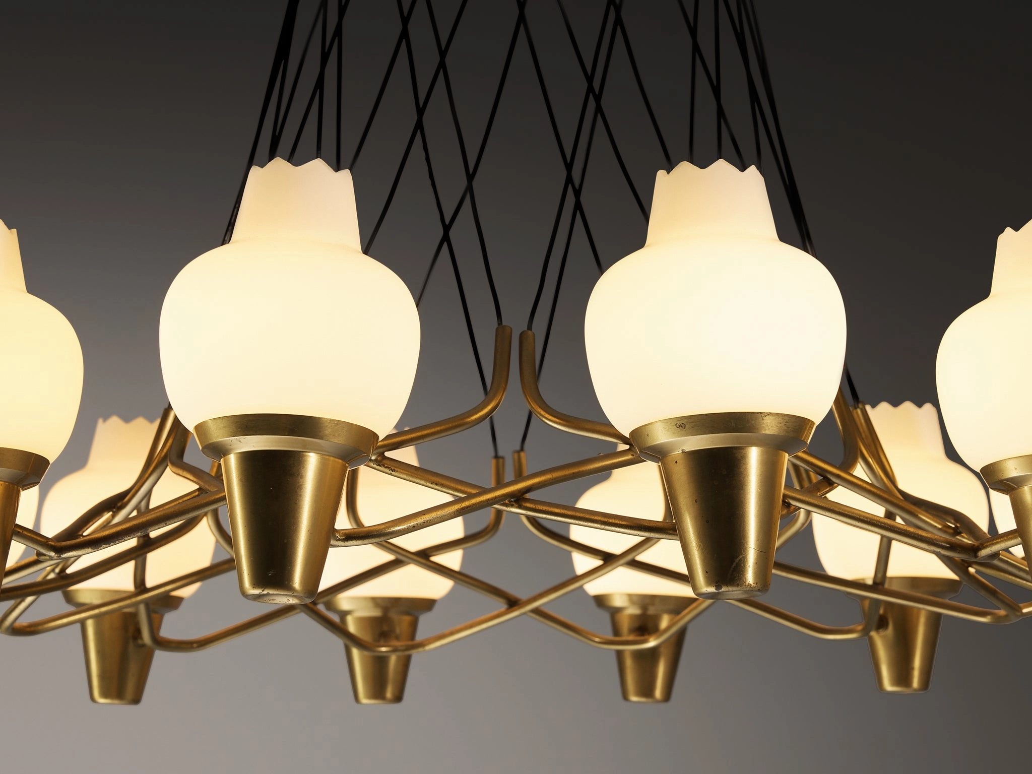 Hans Bergstrm for Atelj Lyktan Chandelier in Brass and Frosted White Glass