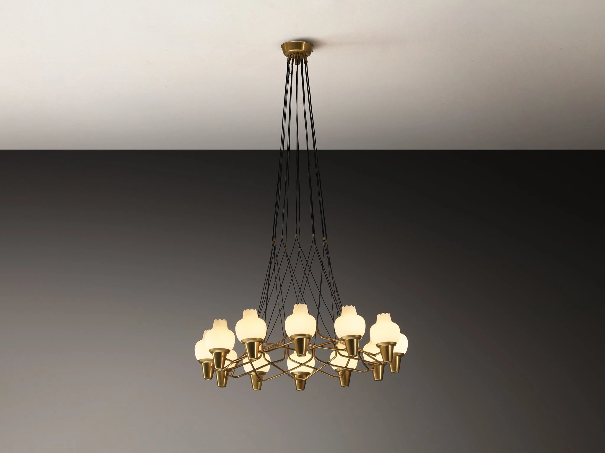 Hans Bergstrm for Atelj Lyktan Chandelier in Brass and Frosted White Glass