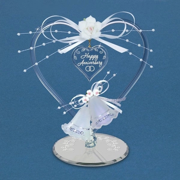 Happy Anniversary Bells Enclosed in Heart Glass Figurine Decorative Mirror,Home Decor Mirror