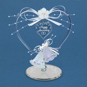 Happy Anniversary Bells Enclosed in Heart Glass Figurine Decorative Mirror,Home Decor Mirror