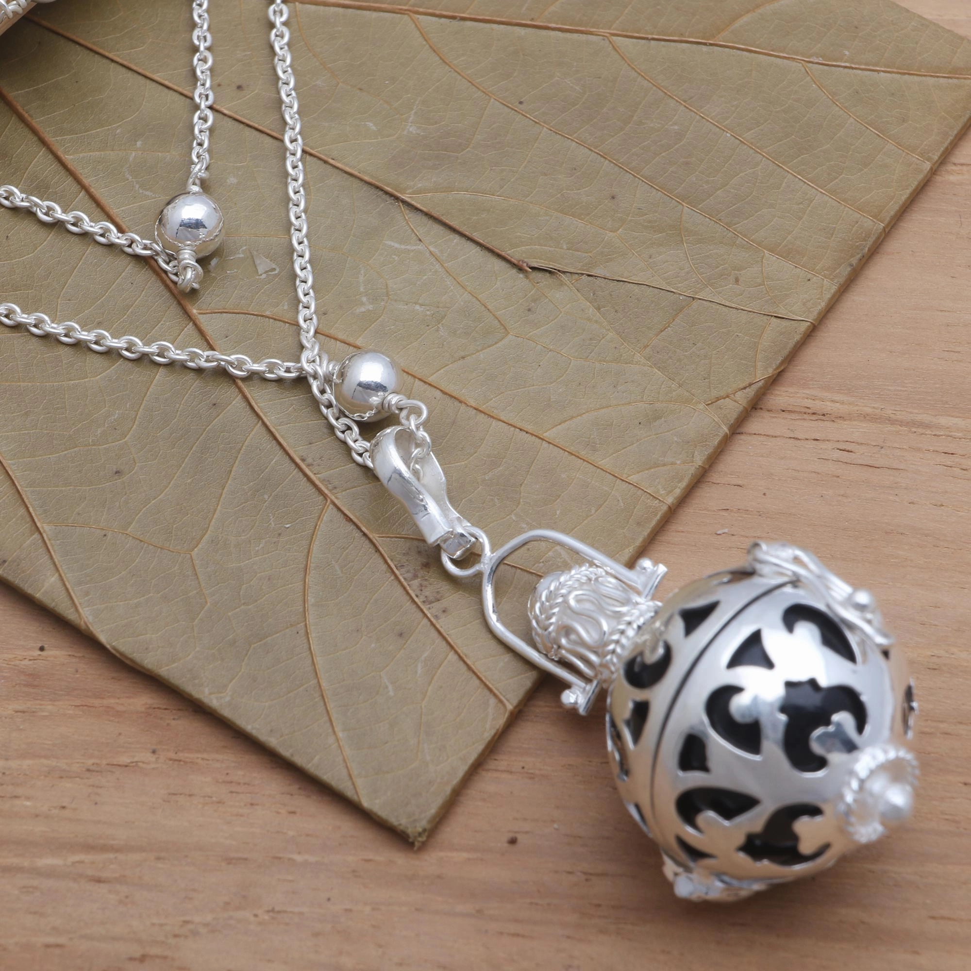 Happy Chime Silver and Black Enamel Harmony Ball Necklace with Onyx