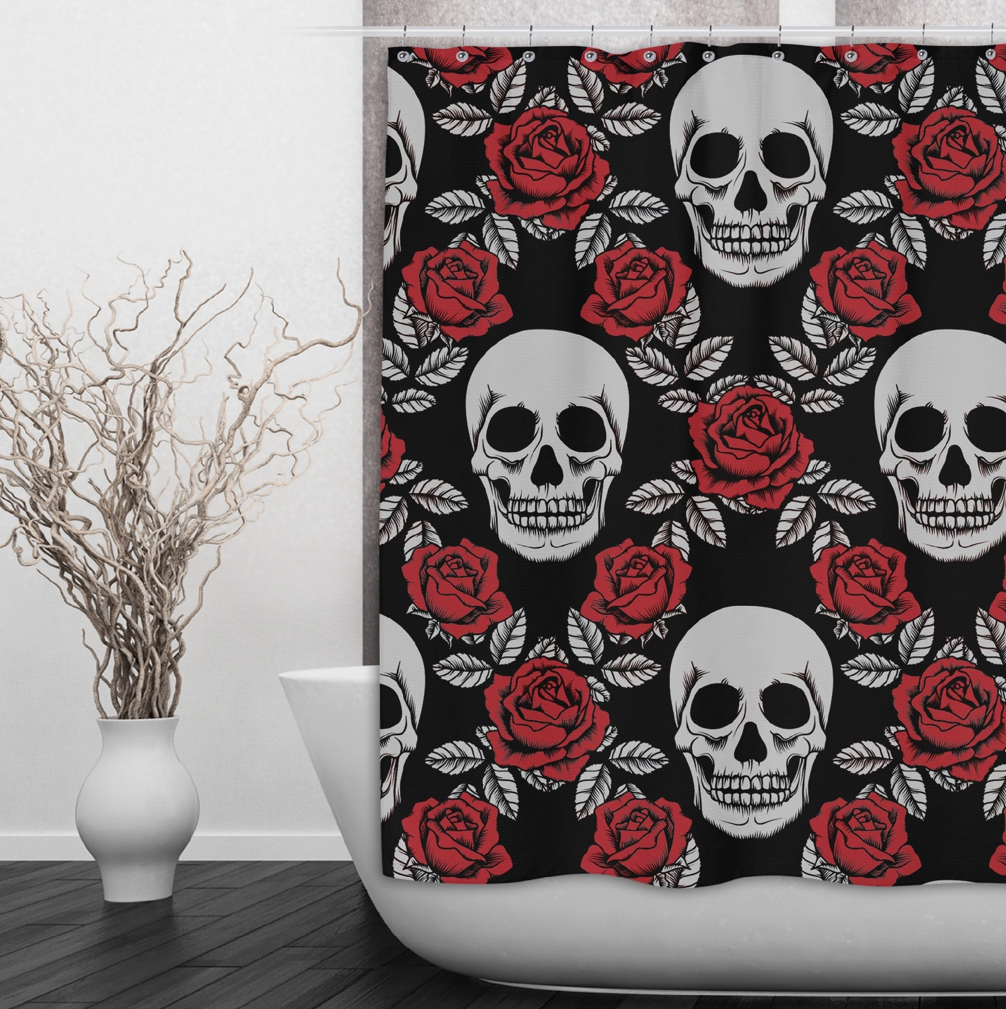 Harlequin Red Rose Grey Skull Shower Curtains and Optional Bath Mats Lighting,Lamps Fixtures