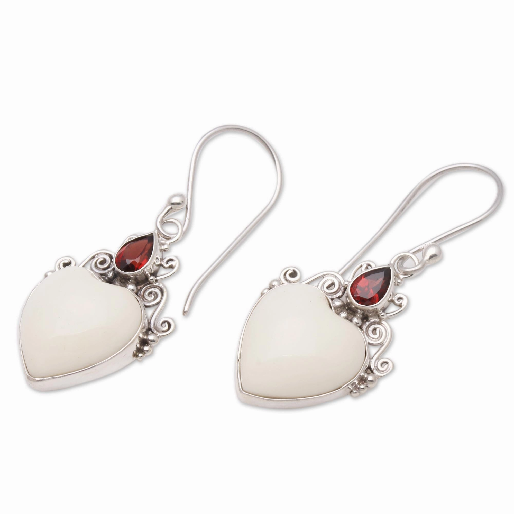 Heart Passion Heart-Shaped Garnet and Bone Dangle Earrings from Bali