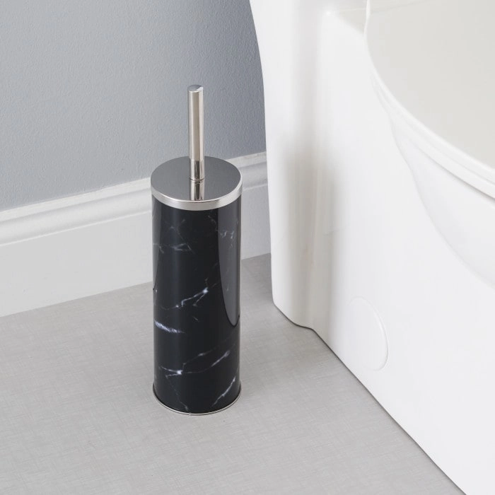 Hide-Away Faux Marble Toilet Brush Set, Black