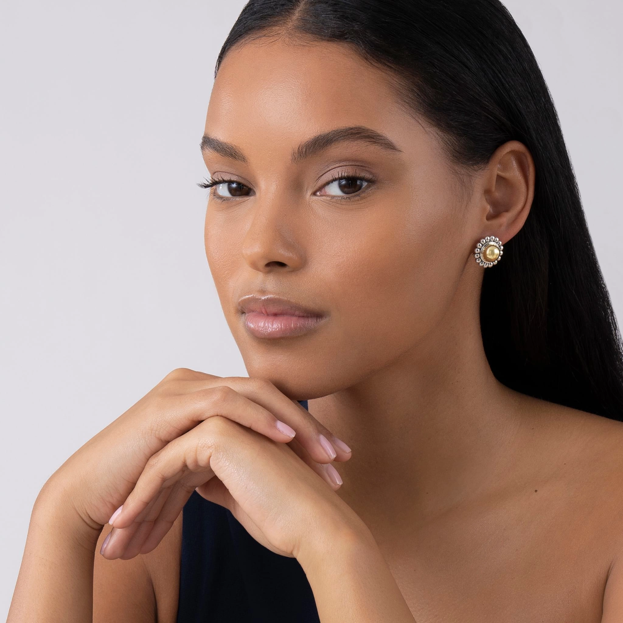 High Bar Two-Tone Caviar Omega Clip Earrings