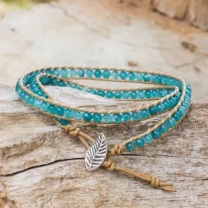 Hill Tribe Ice in Brown Blue Quartz and Brown Leather Hand Made Wrap Bracelet