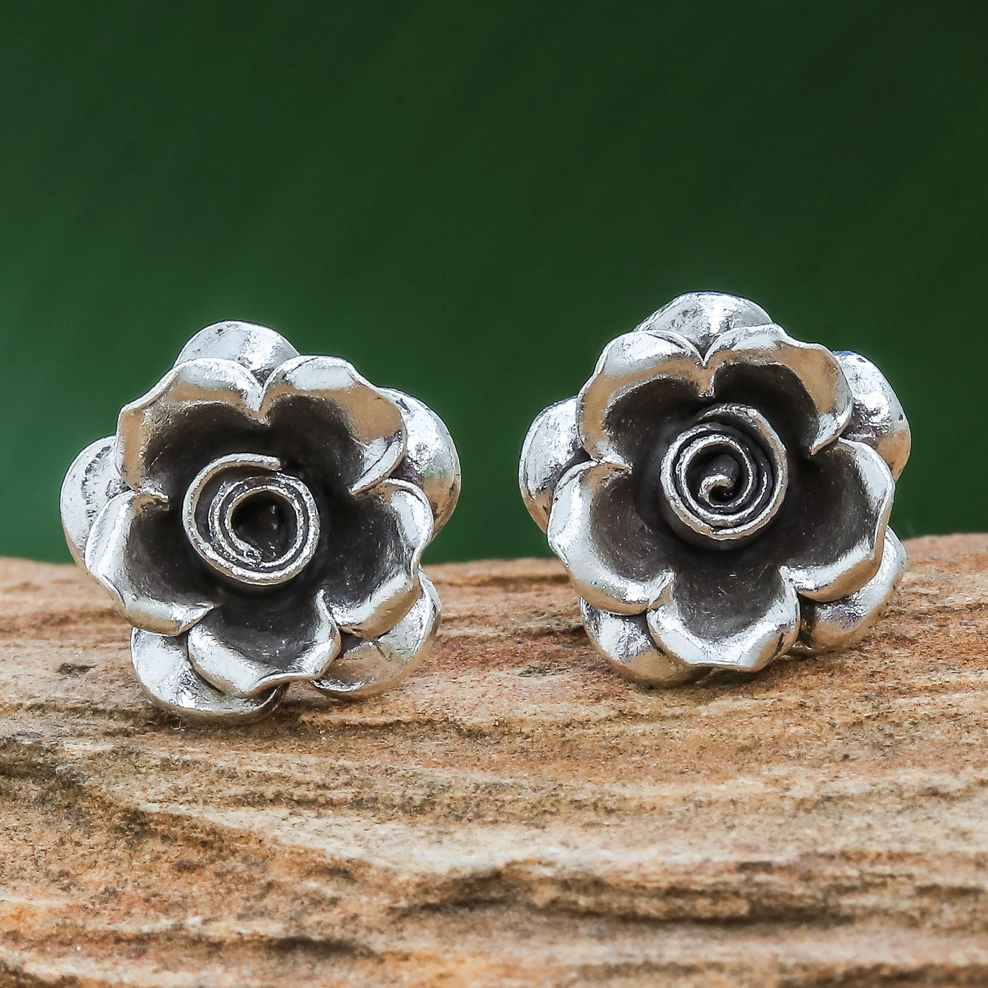Hill Tribe Roses Thai Karen Hill Tribe Silver Flower Theme Button Earrings