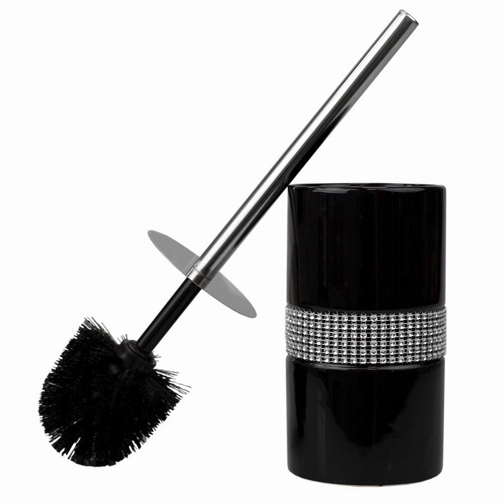 Home Basics Black Toilet Brush Holder with Steel Handle - 3.75" x 3.75" x 15" Toilet Brush,Bathroom Cleaner
