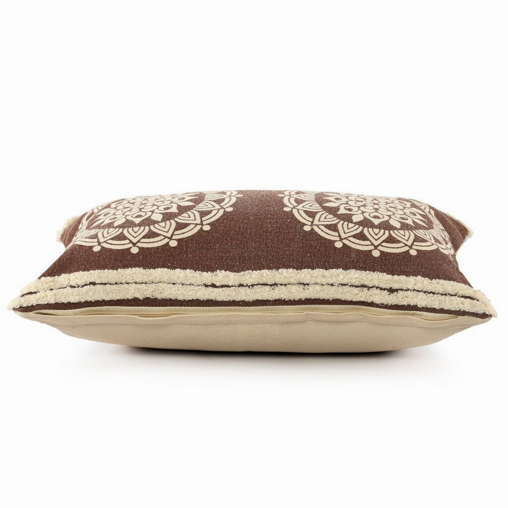 HomeRoots 16" X 24" Brown and Ivory Medallion Cotton Lumbar Throw Pillow With Texture