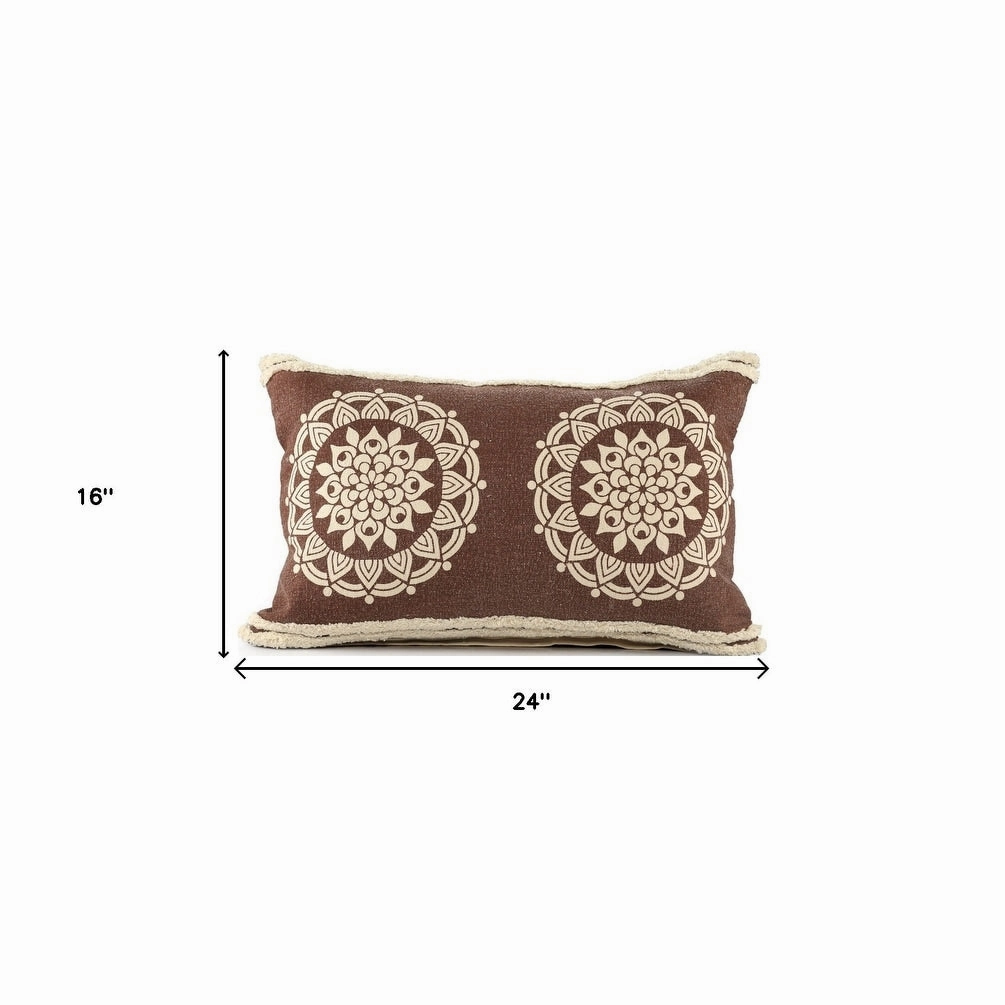 HomeRoots 16" X 24" Brown and Ivory Medallion Cotton Lumbar Throw Pillow With Texture