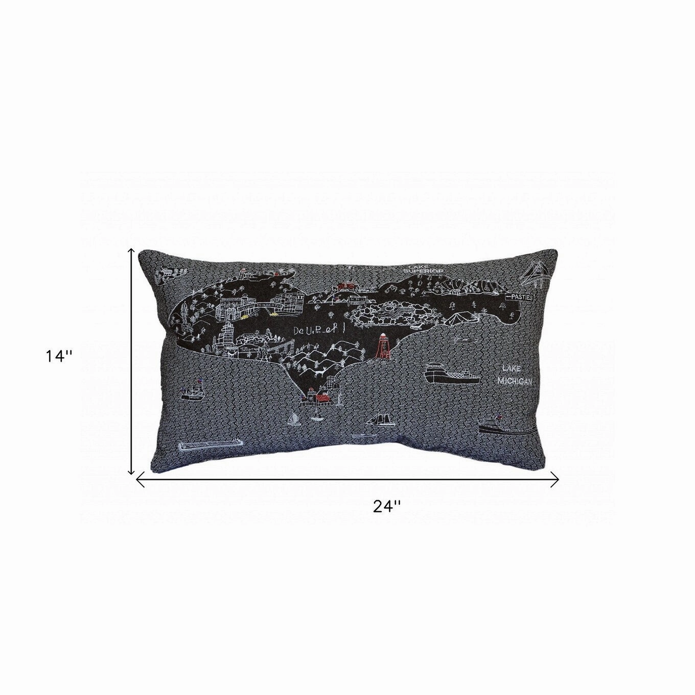 HomeRoots 25" Black Michigan Upper Peninsula Nighttime Skyline Lumbar Decorative Pillow