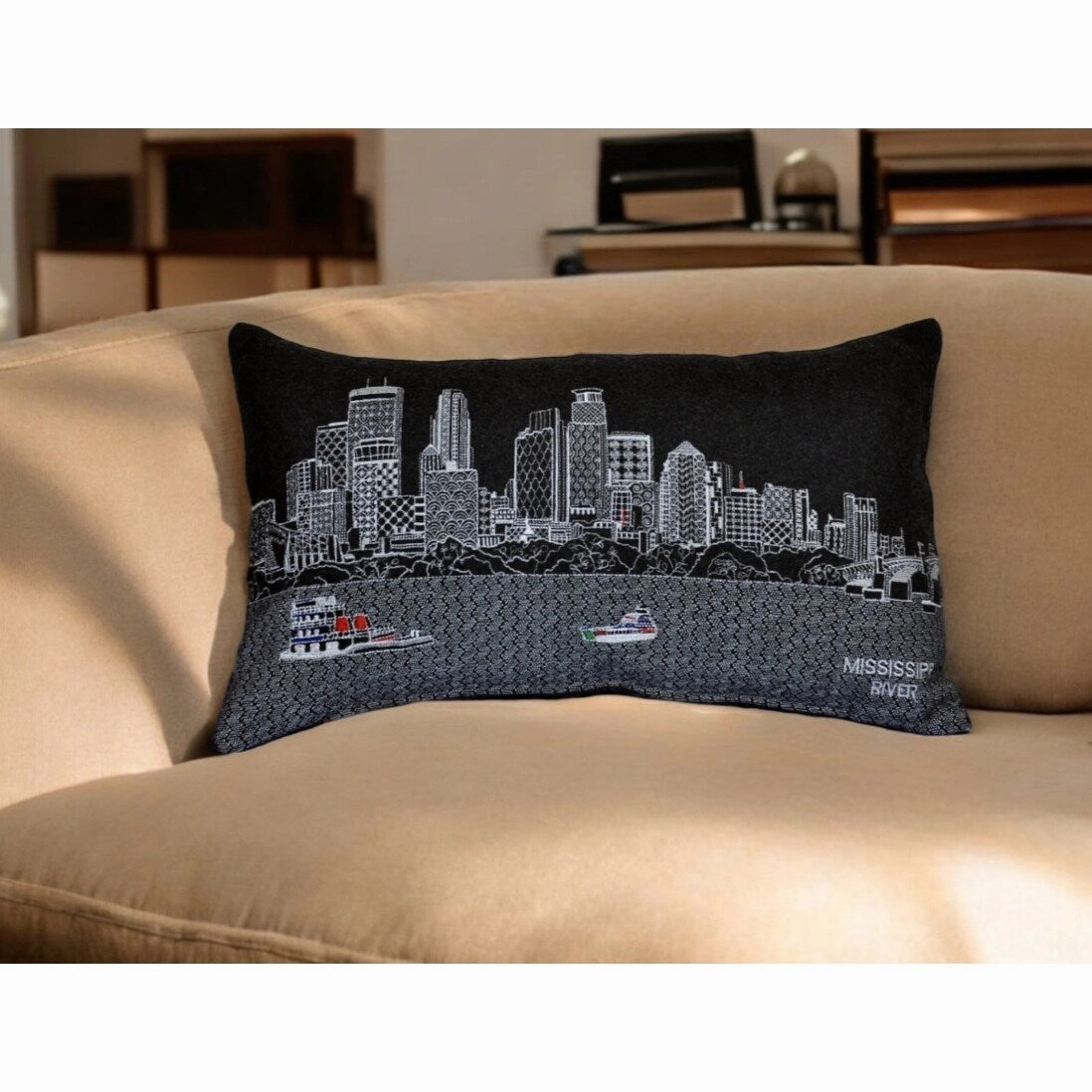 HomeRoots 25" Black Minneapolis Nighttime Skyline Lumbar Decorative Pillow pillows,bed pillow,sleeping cushion