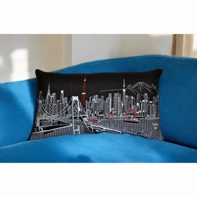 HomeRoots 25" Black Tokyo Nighttime Skyline Lumbar Decorative Pillow pillows,bed pillow,sleeping cushion