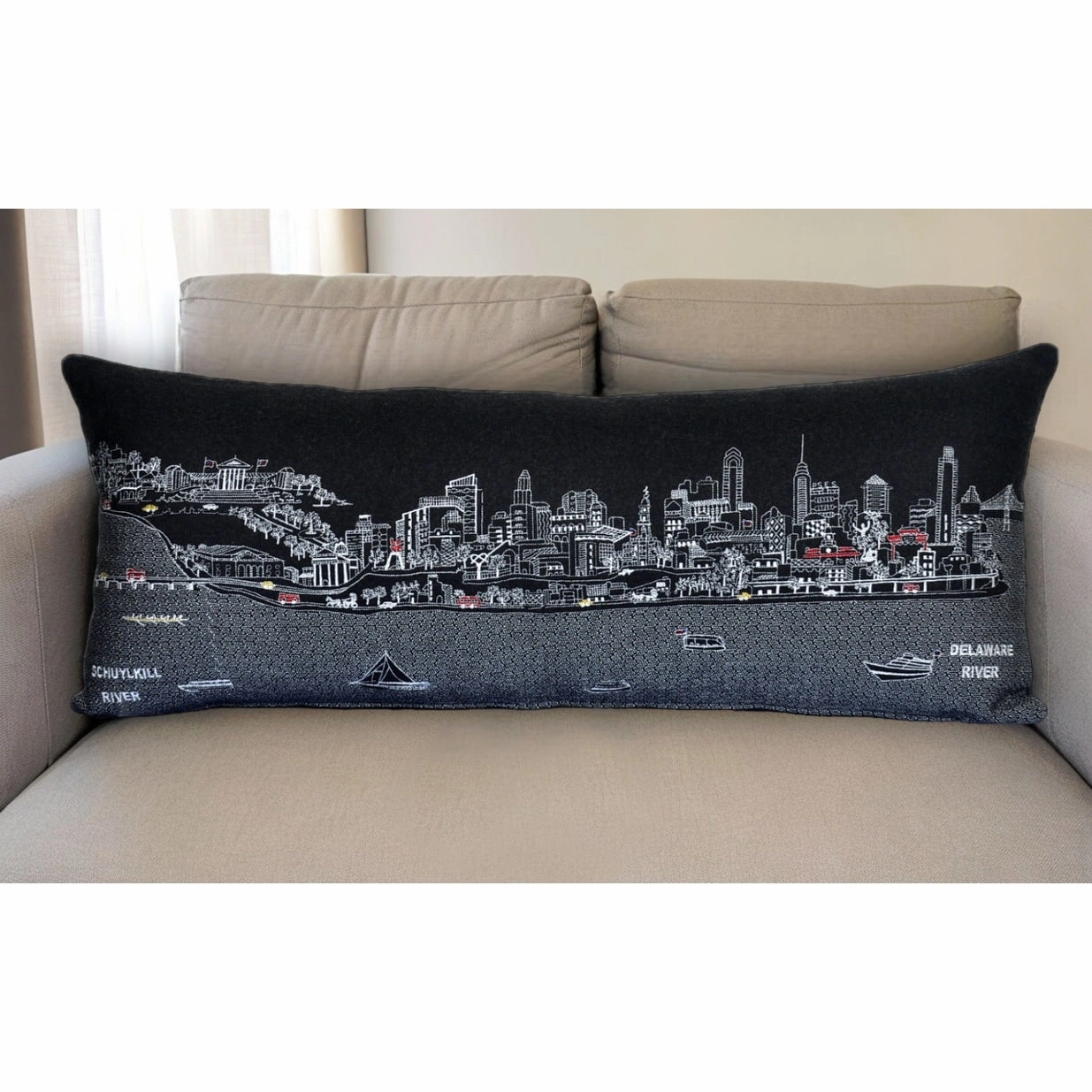 HomeRoots 35" Black Philadelphia Nighttime Skyline Lumbar Decorative Pillow pillows,bed pillow,sleeping cushion