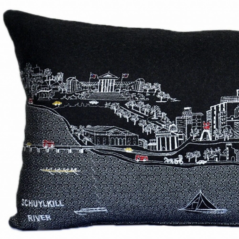 HomeRoots 35" Black Philadelphia Nighttime Skyline Lumbar Decorative Pillow
